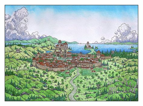 Elder Scrolls Art, City Layout, Fantasy Background, Fairytale Illustration, The Elder Scrolls, Fantasy City, Oblivion, Location Map, Medieval Castle