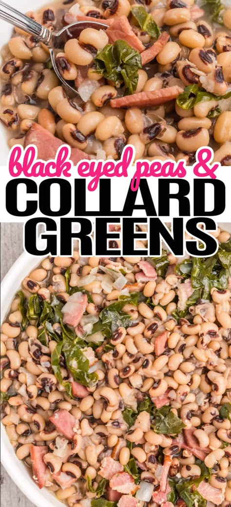 Ring in the New Year, and lots of luck, with a traditional Southern dish of Black Eyed Peas and Collard Greens! #RealHousemoms #blackeyedpeas #collardgreens #collards #sidedish #southernfood #newyearseve #newyearsday #newyear Black Eyed Peas And Collard Greens Instant Pot, Black Eyed Peas And Collard Greens Recipe, Blackeyed Peas And Collard Greens, Collard Greens And Black Eyed Peas, New Year’s Day Black Eyed Peas Recipe, Black Eyed Peas And Collard Greens, Black Eyed Peas New Years, Black Eyed Peas Recipe New Years, New Years Black Eyed Peas