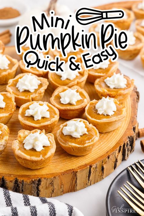 Mini pumpkins pies are an easy fall and holiday dessert to make! They are the perfect size for a snack, taste just like the real thing, and freeze well so can be made ahead of time. Small Pumpkin Pies Muffin Tins, Muffin Tin Pumpkin Pie Recipe, Mini Pies In Mini Muffin Tin, Mini Pumpkin Pies In A Muffin Tin, Individual Pumpkin Pie, Tea Foods, Mini Pumpkin Pies Recipe, Autumn Foods, Mini Pie Recipes