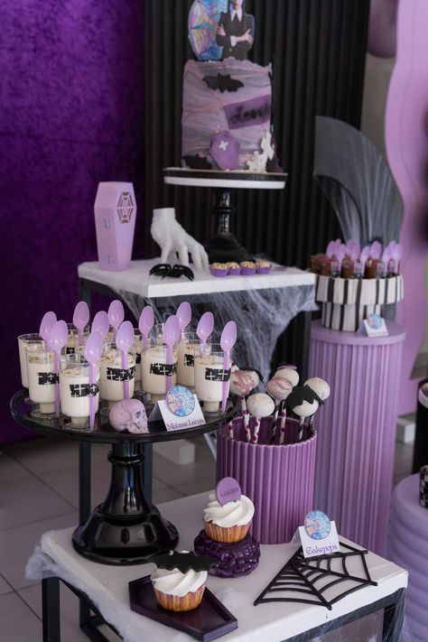 Wandinha Birthday Party Ideas | Photo 1 of 24 | Catch My Party Birthday Party Wednesday Theme, Wednesday Birthday Theme Ideas, Wednesday Addams Birthday Party Table, Wednesday Table Decorations, Wensday Adams Birthday Party Decorations, Wensday Birthday Party Ideas, Addams Birthday Party, Wednesday Addams Dessert Table, Wednesday Addams Birthday Party Decor