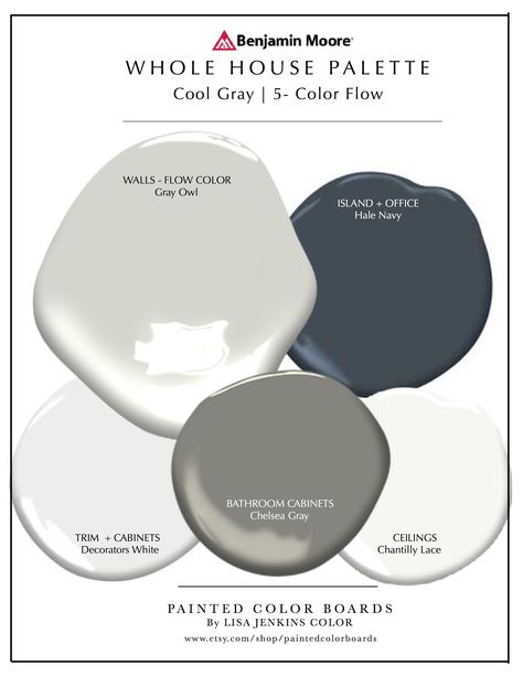 Gray Paint Palette, Whole House Palette, Grey Paint Palette, Decorators White, Benjamin Moore Grey Owl, House Palette, Benjamin Moore Gray, Chelsea Gray, Lace Painting