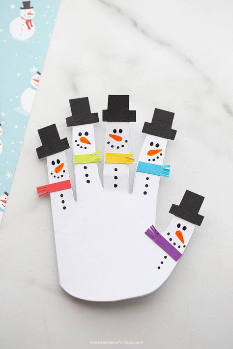 Snowman Handprint Card Hand Print Snowman, Snowman Handprint, Easy Winter Crafts, Handprint Christmas, Christmas Crafts For Toddlers, Preschool Christmas Crafts, Snowman Cards, Handprint Crafts, Winter Crafts For Kids