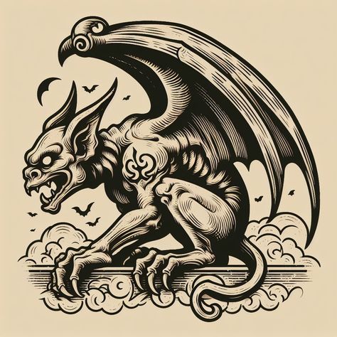 Simple Gargoyle Tattoo, American Traditional Gargoyle Tattoo, Geiger Tattoo, Gargoyle Drawing Sketch, Mythical Creature Tattoo, Gargoyle Tattoo Design, Gargoyle Tattoo For Women, Gargoyle Design, Gargoyle Art