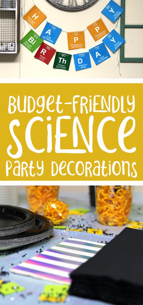 Science Themed Decorations, Science Party Ideas Decorations, Science Birthday Decorations, Mad Science Party Decorations, Engineering Birthday Party Ideas, Science Birthday Cupcakes, Science Party Snacks, Science Themed Birthday Party Decorations, Nerd Birthday Party