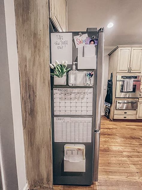 Mail Organization Station Kitchen, Fridge Board Ideas, Fridge Dry Erase Board Ideas, Family Command Center Side Of Fridge, Side Of Fridge Calendar, Magnetic Fridge Command Center, Side Of Fridge Magnetic Storage, Homework Command Center, Magnetic Fridge Organizer