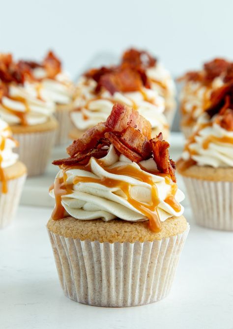 Maple Bacon Cupcakes - Cake Me Home Tonight Bacon Cupcakes Recipe, Gourmet Cupcake Recipes, Cake Me Home Tonight, Maple Bacon Cupcakes, Bacon Desserts, Bacon Cupcakes, Caramelized Bacon, Cinnamon Cake, Cupcake Cake Designs