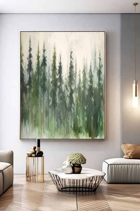 Original handmade forest landscape painting with misty green pine trees on canvas, creating a serene atmosphere Forest Landscape Painting, Earthy Green, Green Palette, Forest Painting, Handmade Wall Art, Forest Landscape, Pine Trees, Landscape Painting, Handmade Art