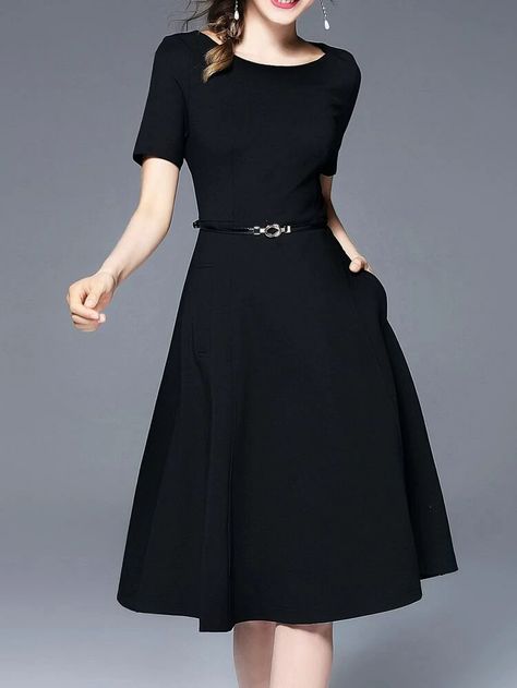 Crew Neck Belted Pockets Dress | SHEIN USA Wedding Dress With Pockets, Simple Black Dress, Ceremony Dresses, Dressy Dresses, Tea Length Dresses, Fashion Design Clothes, 가을 패션, Pocket Dress, Mode Style