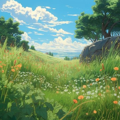 Ghibli Meadow, Studio Ghibli Grass Field, Grassy Field Drawing, Fantasy Field Landscape, Grassy Field Painting, Grass Field Illustration, Watercolor Grass Field, How To Draw Grass Digital, Grass Landscape Painting