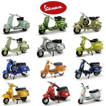 1:32 die cast Vespa Series II - 12 assorted styles 1946 Vespa 98CC 1948 Vespa 125 1952 Vespa 125 6 Giorni 1953 Vespa 125 U 1955 Vespa 150 GS 1960 Vespa 125 1965 Vespa 90 SS 1968 Vespa Rally 180 1976 Vespa 125 ET3 1978 Vespa P200E 1985 Vespa T5 Pole Pos. 1996 Vespa ET4 125 Please note: contains small parts and may not be suitable for children under 3 years Vespa P200e, Vespa T5, Vespa Models, Vespa Et4, Vespa 150, Vespa 125, Cycle Shop, Riding Gear, Diecast Models