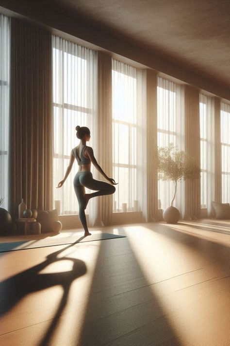 Step into serenity with this AI-generated image of a peaceful yoga studio. Soft lighting and large windows create a calming atmosphere, casting gentle shadows on a woman in a graceful yoga pose. Perfect for those seeking relaxation and mindfulness in a minimalist setting. Candlelit Yoga Aesthetic, Yoga Aesthetic Studio, Yoga Studio Photography, Yoga Photoshoot Ideas Indoor, Yoga Studio Photoshoot, Yoga Studio Aesthetic, Yoga Photoshoot Ideas, Pilates Yoga Studio, Private Yoga Session