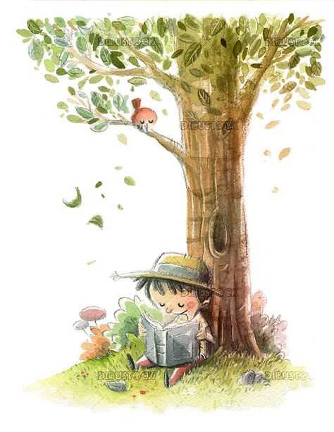 Reading Under A Tree, Background Book, Pine Tree Drawing, Hat Illustration, Plant Cartoon, Giraffe Illustration, Tree Watercolor Painting, Happy Hat, Tree Watercolor