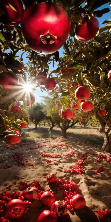 Persephone Photoshoot, Pomegranate Orchard, Pomegranate Photography, Pomegranate Garden, Pomegranate Farming, Fruit On Tree, Pomegranate Aesthetic, Pomegranate Painting, Christmas Nativity Scene Display