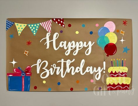 Designed for all the birthday fun, year after year! 🎉 This custom banner was made gender-neutral so it can celebrate all three of our client’s kiddos. Plus, all of our banners are shipped in durable cylinder tubes, making them easy to store and reuse for future celebrations. Quality that lasts, so you get your money’s worth! 💫 #CustomBanners #birthdaydecor #paintedbanner #partyideas #birthdaysign Happy Birthday Painted Banner, Brown Paper Birthday Banner, Happy Birthday Canvas Painting, Happy Birthday Board, Paper Birthday Banner, Painted Birthday Banner, Birthday Banner Ideas, Happy Birthday Painting, Painted Banner