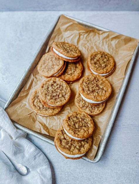 Homemade Oatmeal Cream Pie Cookies - Plum Street Collective Oatmeal Cookie Cream Pies, Oatmeal Crème Pie Cookies, Copycat Oatmeal Cream Pies, Sourdough Discard Oatmeal Cream Pies, Oatmeal Creme Pie Recipe, Oatmeal Pie Cookies, Best Homemade Oatmeal, Homemade Oatmeal Cream Pie, Oatmeal Cream Pie Cookies