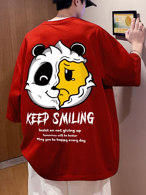 Red Street Collar Short Sleeve Fabric Cartoon,Slogan  Embellished Slight Stretch  Men Tops Red Tshirt Design Ideas, Serigrafia Ideas, Slogan Graphic Tee, Men Cartoon, Red Street, T-shirt Print Design, Typography Branding, Guys Clothing Styles, Shirt Print Design