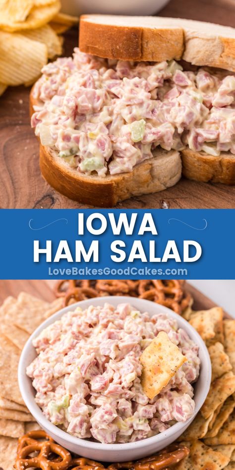 Iowa Ham Salad pin collage Sandwich Spread Recipes, Ham Salad Recipes, Leftover Ham Recipes, Meat Salad, Ham Salad, Ham Sandwiches, Meatless Main Dishes, Sandwich Fillings, Sandwich Spread