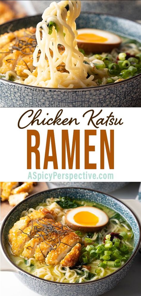 This Chicken Katsu Ramen recipe features a rich and savory noodle soup loaded with crispy pan-fried chicken pieces, plus your favorite toppings. Ramen Recipes With Chicken, Chicken Curry Ramen Noodle Recipes, Korean Chicken Ramen Recipes, Authentic Chicken Ramen Recipes, Chicken For Ramen Recipe, Sourdough Ramen Noodles, Chicken Katsu Ramen Recipe, Katsu Chicken Ramen, Loaded Ramen Bowl