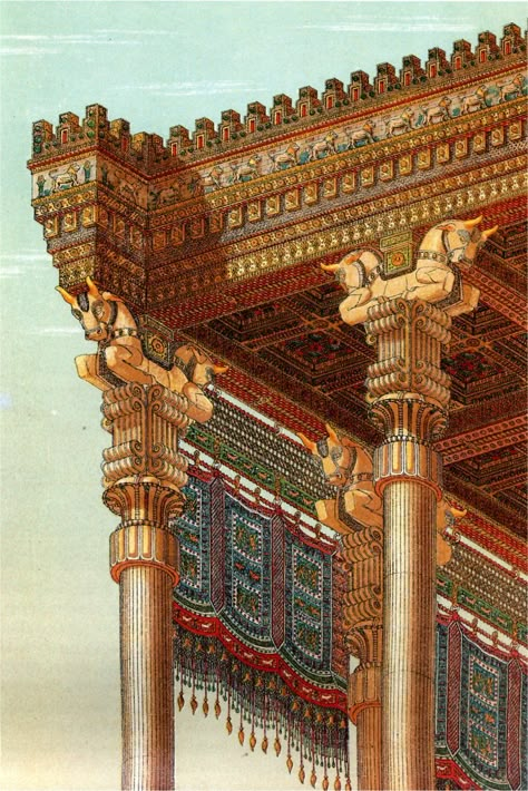 Achaemenids (Persepolis) - a 1884's reconstruction drawing of the Apadana's roof by Chipiez. Ancient Persian Architecture, Persian Architecture, Ancient Near East, Ancient Persia, Persian Empire, Ancient Mesopotamia, Ancient Persian, Persian Culture, Iranian Art