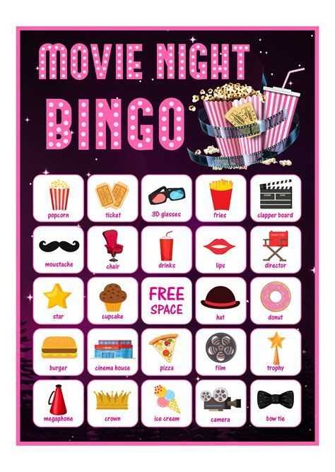 Movie Bingo Template Kids Movie Night Birthday Party, Bingo Movie, Glow Birthday Party Invitations, Backyard Movie Night Party, Movie Bingo, Birthday Movie Night, Outdoor Movie Party, Movie Theme Birthday Party, Backyard Movie Party