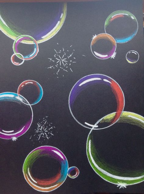 Bubble Pictures Art, Art Projects On Black Paper, Chalk Bubbles Art, Chalk Art Bubbles, Chalk Paper Art, Non Traditional Art Projects, Chalkboard Wall Decor Ideas, Bubble Chalk Art, Chalk Art Ideas On Paper