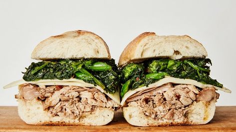 Slow-Cooker Roast Pork Sandwiches Recipe | Bon Appetit Roasted Pork Sandwiches, Porketta Sandwich, Pork And Broccoli Rabe Sandwich, Honey Broccoli, Garlicky Broccoli, Pork Broccoli, Philly Sandwich, Pork Sandwich Recipes, Roast Pork Sandwich