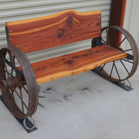 Wagon Wheel Table, Wagon Wheel Bench, Antique Wagon Wheels, Wagon Wheel Decor, Metal Wagon, Antique Wagon, Cedar Bench, Deer Antler Decor, Wagon Wheels