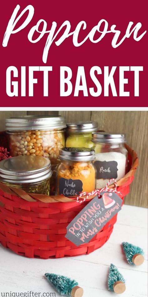 DIY Popcorn Gift Basket | Gift Baskets | DIY Gift Baskets | Creative Gift Basket Idea | Popcorn Gift | Inexpensive Gifts | #gifts #giftguide #presents #popcorn #giftbasket #basket #inexpensive #uniquegifter Popcorn Christmas Gifts, Popcorn Basket, Cheap Homemade Gifts, Popcorn Gift Basket, Popcorn Labels, Movie Night Gift Basket, Diy Popcorn, Creative Gift Baskets, Christmas Popcorn