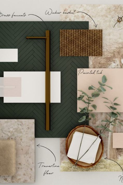 Material Board for a bathroom design Spa Relaxing, Herringbone Tiles, Materials Board Interior Design, Material Board, Interior Design Boards, Interior Design Mood Board, Bathroom Spa, Green Tile, Green Bathroom