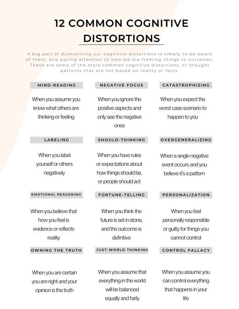 Use this 12 common cognitive distortions sheet to better understand your thinking patterns, how these common fallacies impact your view on the world, and improve your ability to challenge your thoughts! Cognitive Distortions Worksheet, Thinking Patterns, Health Maintenance, Prostate Health Men, Counseling Tools, Therapy Practice, Big Feelings, Understanding Emotions, Cognitive Therapy