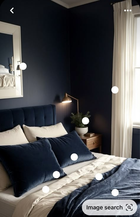 Blue Cozy Bedroom, Midnight Blue Bedroom, Modern Dark Bedroom, Vogue Decor, Silver Nightstand, Dark Bedroom Aesthetic, Dark Blue Rooms, Blue Bedroom Ideas, Dark Blue Bedrooms