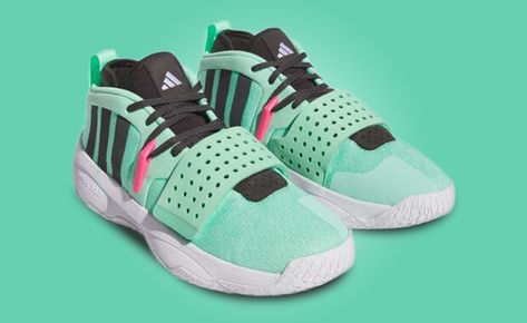 Explore the upcoming release of the adidas Dame 8 EXTPLY Pulse Mint, hitting shelves November 2023. Find release info and images here. Adidas Dame 8, Mint Color Palettes, Hoop Shoes, Portland Trailblazers, Sneaker Release, Trail Blazers, Latest Sneakers, New Sneakers, Bugatti