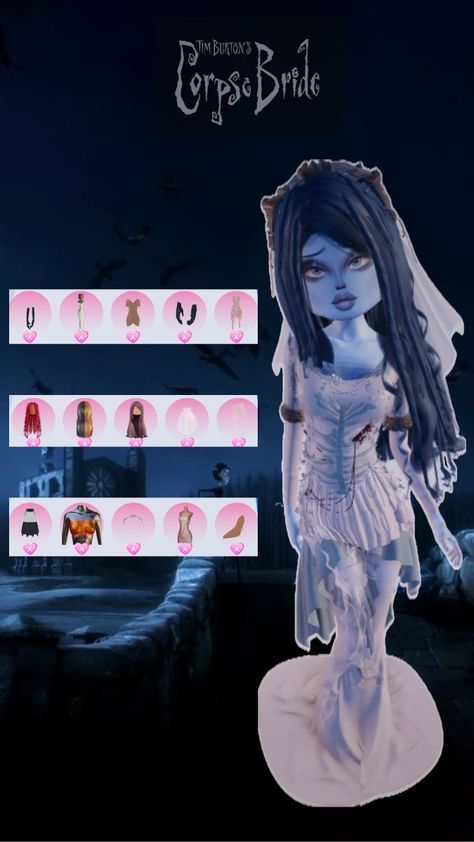 Emily Course Bride, Dti Corpse Bride Face, Dress To Impress Corpse Bride No Vip, Corpse Bride Dti Outfit No Vip, Victoria X Emily Corpse Bride, Corps Bride Dress To Impress, Emily Corpse Bride Full Body Picture, Emily Corpse Bride Dress To Impress, Dti Theme Creepypasta