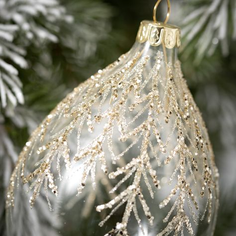 Clear Christmas Ornaments, Christmas Dreaming, Clear Ornaments, Pine Branch, Holiday Centerpieces, Glitter Glass, Beaded Ornaments, Gold Christmas, Home Decorations