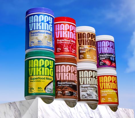 Venus Williams' Happy Viking Mixes Buoyant Style and Color Into Protein Shakes | Dieline - Design, Branding & Packaging Inspiration Buoyant Style, Protein Shake Brands, Organic Food Packaging, Viking Shop, Superfood Recipes, Drinks Brands, Gym Food, Protein Powders, Venus Williams