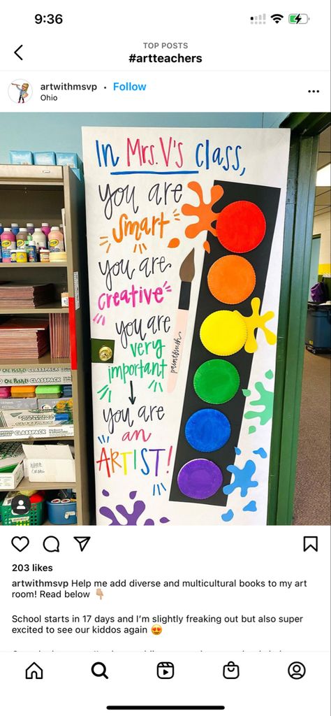 Display Student Artwork Classroom, Art Teacher Bulletin Boards, Elementary Art Bulletin Boards, Elementary Art Decor, Art Classroom Bulletin Board Ideas, Art Teacher Room Ideas, Art Room Decorations, Art Classroom Set Up, Art Room Bulletin Boards