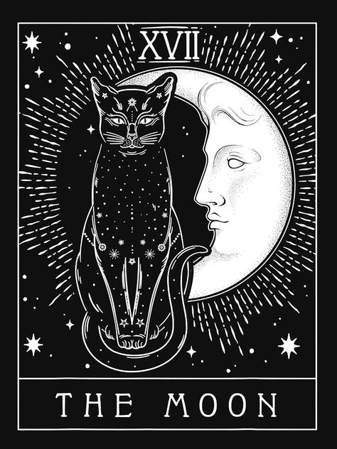 "Tarot Card Crescent Moon And Cat Graphic" Active T-Shirt by Dezutterkenny | Redbubble The Moon Tarot, Arte Punk, Tarot Cards Art, Art Carte, Tarot Art, Arte Inspo, Cat Graphic, Witch Aesthetic, Witch Art