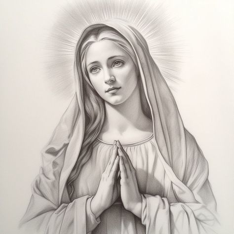 Mother Mary Drawing Easy, Holy Mary Drawing, Virgin Mary Praying Tattoo, Mama Mary Drawing, Virgin Mary Stencil, Mother Mary Drawing, Woman Praying Images, Virgin Mary Drawing, Mary Drawing