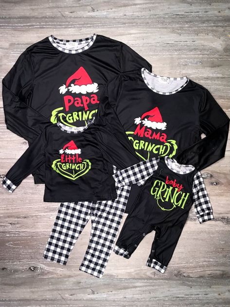 Grinch Family Black & White Plaid Matching Family Pajamas - Sydney So Sweet Family Grinch Pajamas, Grinch Night, Grinch Pajamas, Family Christmas Outfits, Grinch Face, Family Black, Cute Christmas Outfits, Girls Christmas Outfits, Adult Pajamas