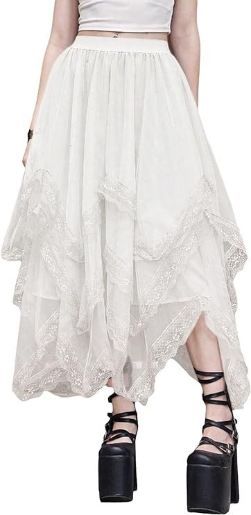 SHENHE Women's Lace Trim Layered Mesh Tulle Skirt High Waist Asymmetrical Long Goth Skirt White Small at Amazon Women’s Clothing store Long Goth Skirt, White Layered Skirt, White Lace Maxi Skirt, Goth Skirts, Park Outfit, Goth Skirt, White Goth, White Long Skirt, White Lace Skirt