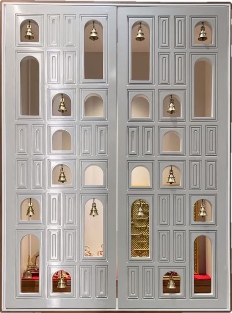 Puja Partition Design, Mandir With Partition, Temple Cnc Design, Mandir Partition Design, Mandir Door Cnc Design, Puja Door Design, Jain Mandir Design Puja Room, Mandir Door Design Puja Room, Jain Pooja Room Designs