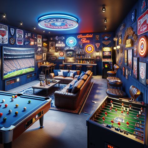 Immerse yourself in this electrifying man cave, complete with a home bar, gaming consoles, flat-screen TV, vintage pinball, pool table, dart board, and sports memorabilia. The cozy carpeted space boasts deep blue walls adorned with neon signages and quirky posters. #Mancave #HomeBar #GameRoom #SportsMemorabilia #NeonSigns #VintagePinBallMachine Game Media Room Ideas, Small Basement Sports Bar Ideas, Pool Game Room Ideas, House Den Ideas, Arcade Man Cave, Man Cave Ideas With Pool Table, Sports Lounge Ideas, Basement Ideas Gaming, Finished Basement With Pool Table