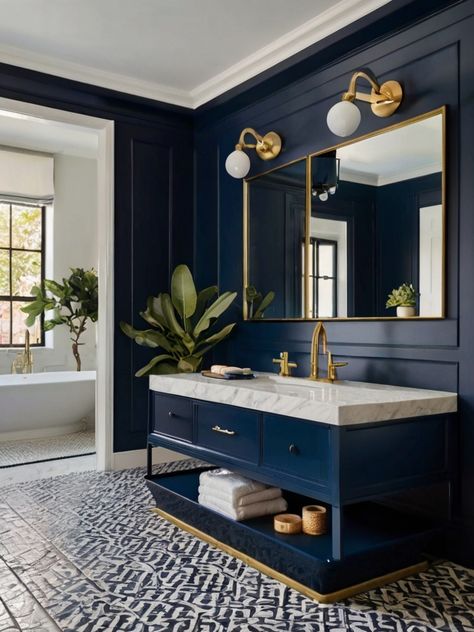 10 Captivating Navy Bathroom Ideas - Homezillo Navy Bathroom Ideas, Clawfoot Tub Ideas, Designing A Bathroom, Clawfoot Tubs, Navy Bathroom, Statement Tiles, Wc Design, Laundry Room Flooring, Tub Ideas