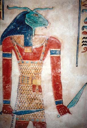 Khnum, from a tomb in the Valley of the Queens, Thebes, Egypt. Egyptian Jackal, Starověký Egypt, Egyptian Painting, Egypt Museum, Egiptul Antic, Istoria Artei, Gods Of Egypt, Egyptian Mummies, Egyptian Artifacts