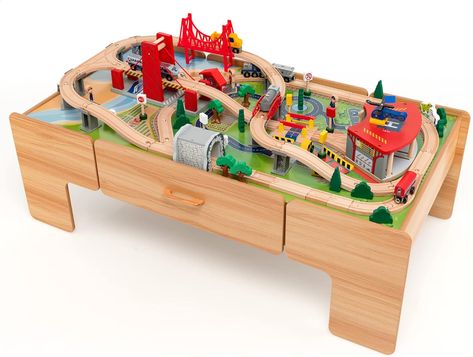 Amazon.com: HONEY JOY Train Table, Wooden Kids Activity Table with Storage, 100 Multicolor Pieces, Tracks, Trains, Cars, Toddler Train Table Set with Reversible Tabletop, Gift for Boys Girls Age 3+, Natural : Toys & Games Wooden Train Table, Train Set Table, Wooden Train Track, Kids Play Table, Kids Activity Table, Train Table, Station Service, Wooden Train Set, Toddler Boy Gifts