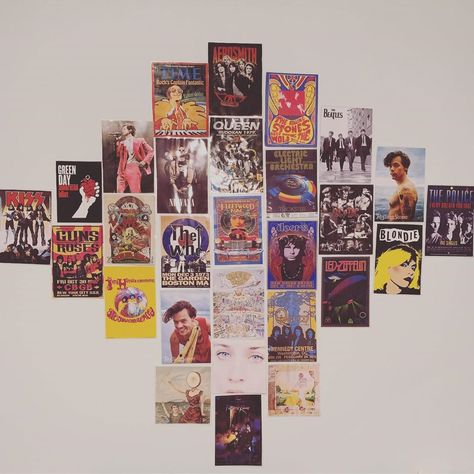 E & A🤪 on Instagram: “lol i haven’t posted in forever but i’m filling my wall with band posters, album covers, and harry styles. hopefully the whole wall will be…” Wall Filled With Posters, Music Wall Collage Bedroom, Album Cover Posters On Wall, Poster Arrangement, Album Cover Wall Decor Bedroom Ideas, Album Cover Wall Decor, Posters Album Covers, 70s Room, Album Wall