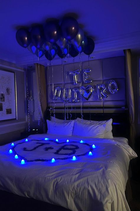 Birthday balloon decoration room surprise in royal blue purple and silver. Las Vegas suite decorating available to book online. Happy Anniversary Hotel Room Decor, Blue Birthday Room Decorations, Royal Blue And Silver Birthday Decor, Blue Hotel Room Decorations For Birthday, Boyfriend Welcome Home Ideas, Decorated Hotel Room For Boyfriend Birthday, Suprise Birthday Room Decorations, Hotel Room For Boyfriend Birthday, Decorated Birthday Room Boyfriend