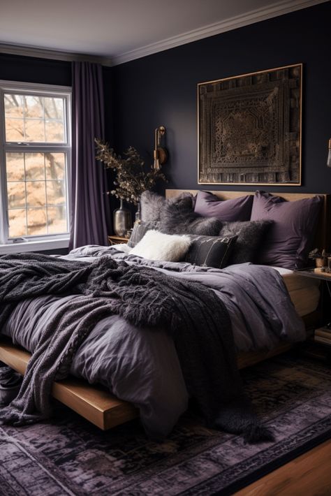 Dark Romantic Bedroom, Romantic Bedroom Lighting, Dramatic Bedroom, Purple Bedrooms, Moody Bedroom, Feminine Bedroom, Dark Home Decor, Luxurious Bedroom, Luxury Bedroom Master