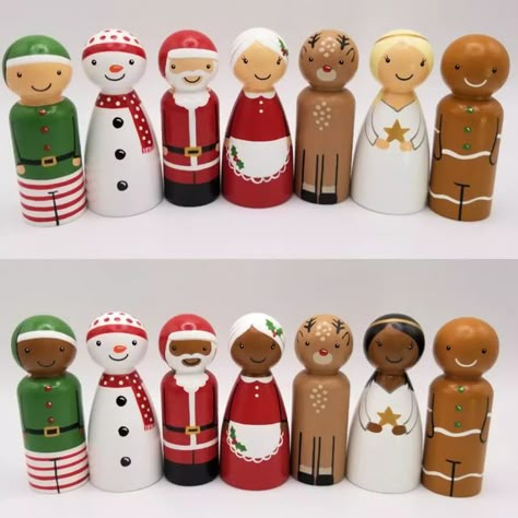 Christmas Peg Craft, Wooden Christmas Characters, Wooden Peg People Ideas, Wood Peg Dolls Christmas, Wooden Peg Dolls Ideas, Holiday Peg Dolls, Diy Wooden Peg Dolls, Christmas Peg Dolls Ideas, Peg Doll Christmas Ornaments