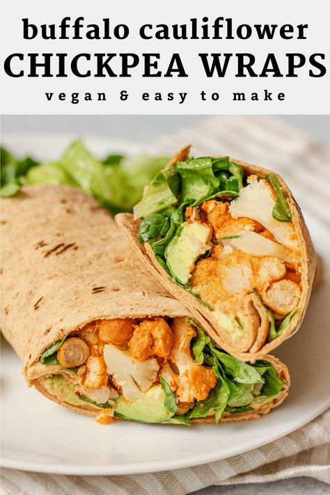 These buffalo cauliflower chickpea wraps are loaded with oven baked cauliflower and chickpeas flavored with a creamy rich vegan buffalo sauce. You only need one pan to make these delicious vegan wraps and they make for the perfect lunch. Cauliflower And Chickpeas, Oven Baked Cauliflower, Vegan Buffalo Sauce, Yummy Wraps, Buffalo Chickpea, Baked Buffalo Cauliflower, Vegan Buffalo Cauliflower, Easy Vegan Recipes, Vegan Wraps